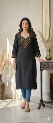 Zehra Women Embroidered Straight Kurta(Black)