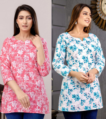 WULAMIA Women Floral Print A-line Kurta(Pink, Blue)