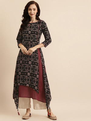 all about you Women Printed A-line Kurta(Black)