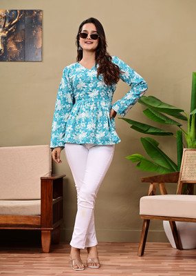 Laavida Women Printed Flared Kurta(Light Blue)
