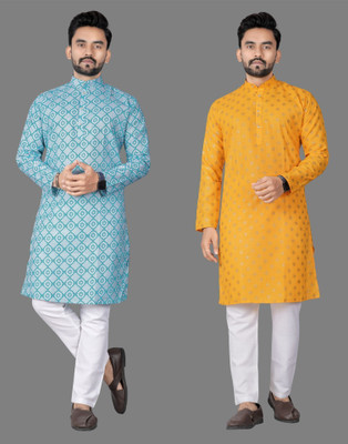 DHASU TRENDZ Men Printed Straight Kurta(Blue, Yellow)