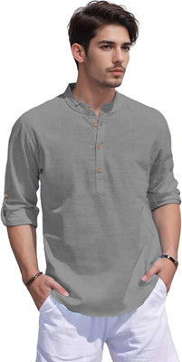 Yugnik Men Solid Straight Kurta(Grey)