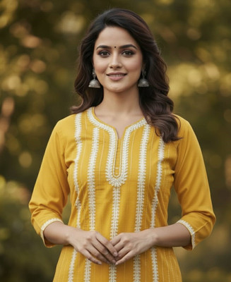 sofiacollection Women Striped, Embroidered, Embellished Straight Kurta(Yellow)