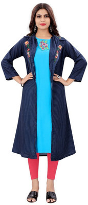 HouseOfCommon Women Embroidered Straight Kurta(Dark Blue, Light Blue)