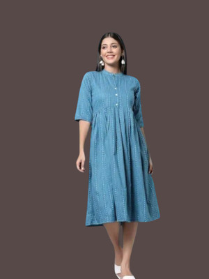 Icon Fashionkj Women Fit and Flare Blue Midi/Calf Length Dress