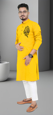 Biswas Fab Men Printed Straight Kurta(Yellow)