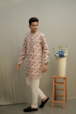 Princejanjru Men Abstract A-line Kurta(Brown)