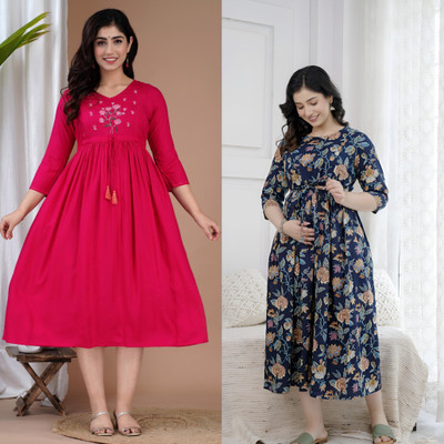 Cool Style Women Printed Gown Kurta(Pink, Blue)