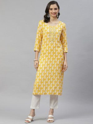 Fashion Point Women Embellished Straight Kurta(Yellow)