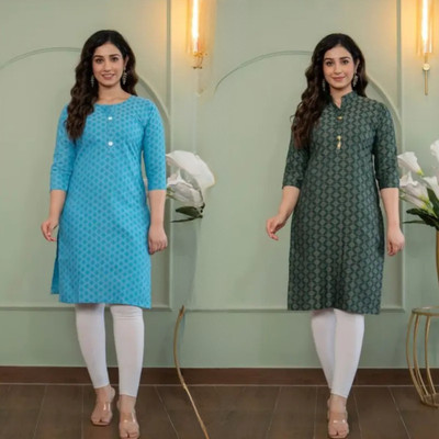 AOSLY Women Printed Straight Kurta(Blue, Green)