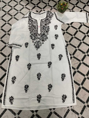Chikankari Fashion Collection Women Chikan Embroidery Straight Kurta(White)