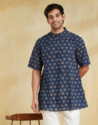 Fabindia Men Printed Straight Kurta(Blue)