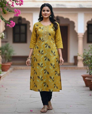 sofiacollection Women Printed, Embroidered A-line Kurta(Yellow)