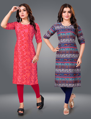 MOBHISA Women Printed Straight Kurta(Blue)