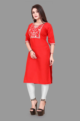 TITHIGARMENTS Women Embroidered A-line Kurta(Red)