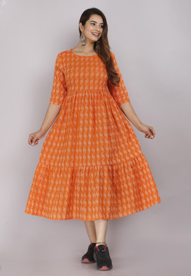 BDREE Women Printed Flared Kurta(Orange)