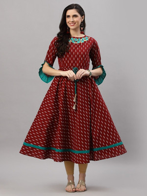 Yash Gallery Women Ikat Anarkali Kurta(Maroon)