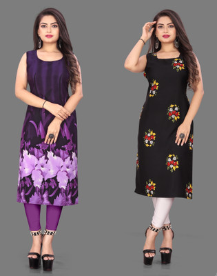 tanvi creation Women Printed Straight Kurta(Purple, Black)