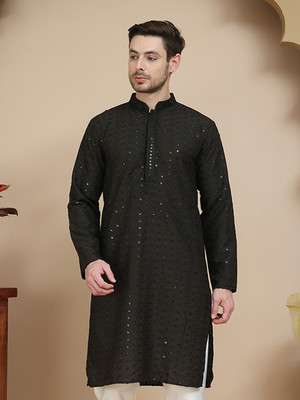 Jompers Men Embroidered Straight Kurta(Black)