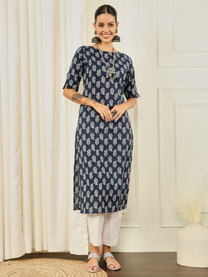MEERANSHI LIVING Women Floral Print Straight Kurta(Blue)