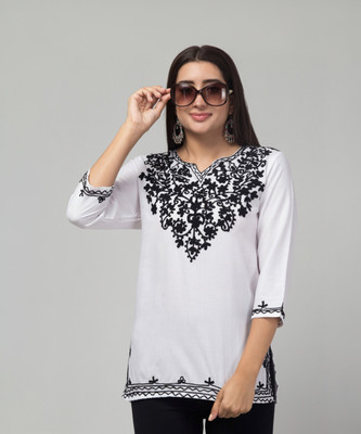 ILMA CREATION Women Embroidered A-line Kurta(White, Black)