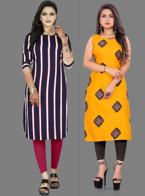 maruti fab Women Striped A-line Kurta(Yellow, Purple)