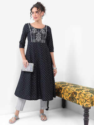 Vishudh Women Printed Anarkali Kurta(Black)