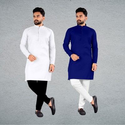 FRELURO Men Solid Straight Kurta(White, Blue)