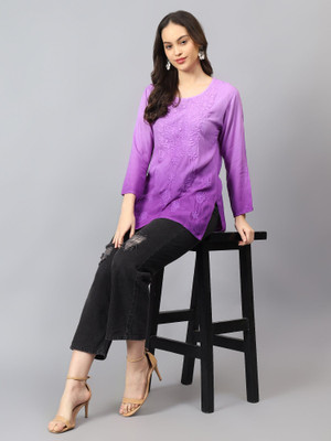 SHREE SHYAM FEBRIC Women Chikan Embroidery Straight Kurta(Purple)