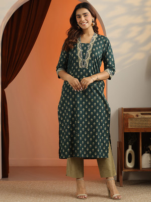LIBAS Women Printed, Embroidered Straight Kurta(Green)