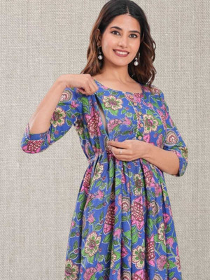 HOUSE OFF COMMON Women Printed Anarkali Kurta(Blue)