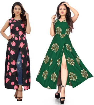tanvi creation Women Floral Print Frontslit Kurta(Green)