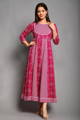 PUKHYA Women Printed Anarkali Kurta(Pink)