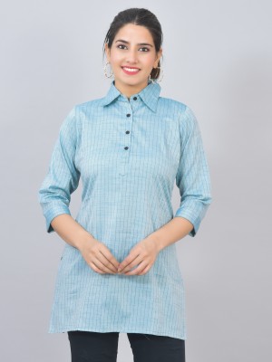 QuaClo Women Striped Straight Kurta(Light Blue)