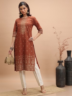 Vishudh Women Printed Straight Kurta(Orange, Gold)