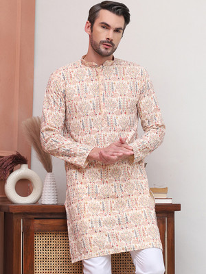 ANOUK Men Printed Straight Kurta(Beige)