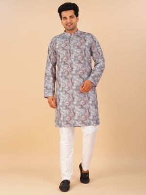 FASHIONRJVI Men Applique Straight Kurta(Grey)