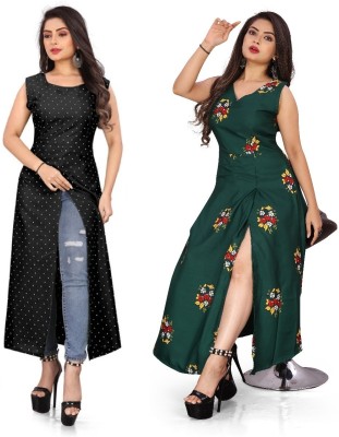 Modli 20 Fashion Women Polka Print Frontslit Kurta(Green)