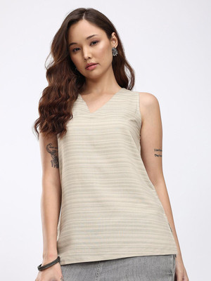 Anouk Rustic Women Striped Straight Kurta(Grey)