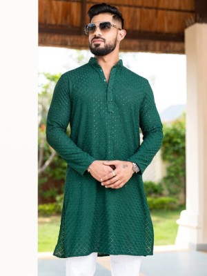 SONBAI Men Embroidered, Chikan Embroidery A-line Kurta(Green)