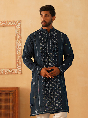 Jompers Men Embroidered Straight Kurta(Blue)
