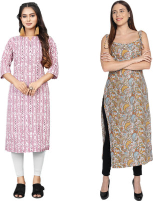 KAUTAQI Women Striped, Printed Straight Kurta(Multicolor)