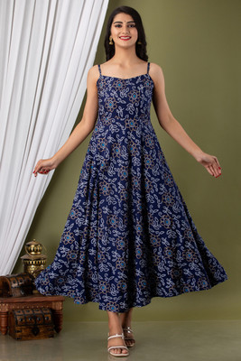 Demirner Women Fit and Flare Blue Midi/Calf Length Dress