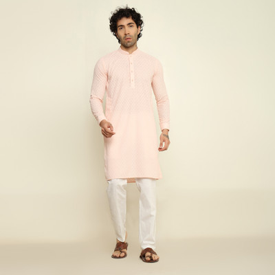 Crease India Men Chikan Embroidery Straight Kurta(Pink)