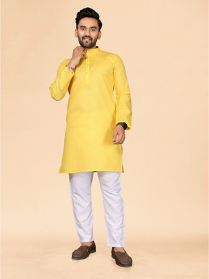 ANAND Men Solid, Self Design A-line Kurta(Yellow)