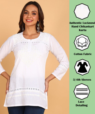 VAHSON Women Chikan Embroidery, Embroidered A-line Kurta(White)