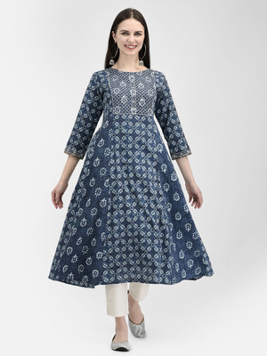 Span Women Self Design A-line Kurta(Blue)