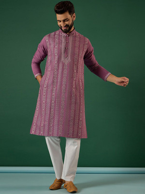 ANOUK Men Floral Print Straight Kurta(Pink)