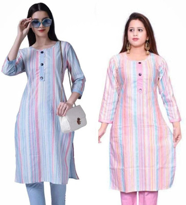 Attire Aspire Women Striped Straight Kurta(Blue, Pink)