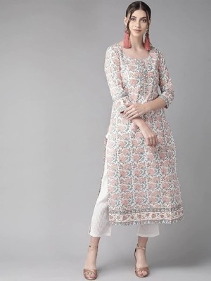 GOLDFALCON Women Floral Print A-line Kurta(White)